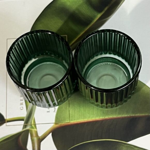 Ribbed Glass Votive Candle Holder Set of 4 Emerald Green Round Holiday Decor - Picture 10 of 17